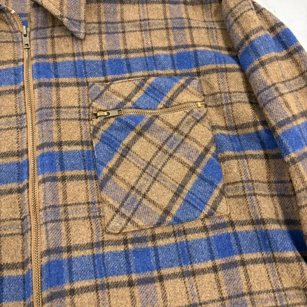 Vintage 90s Groggy Brown/Blue Plaid Wool Fleece Shirt Jacket - Picture 2 of 4